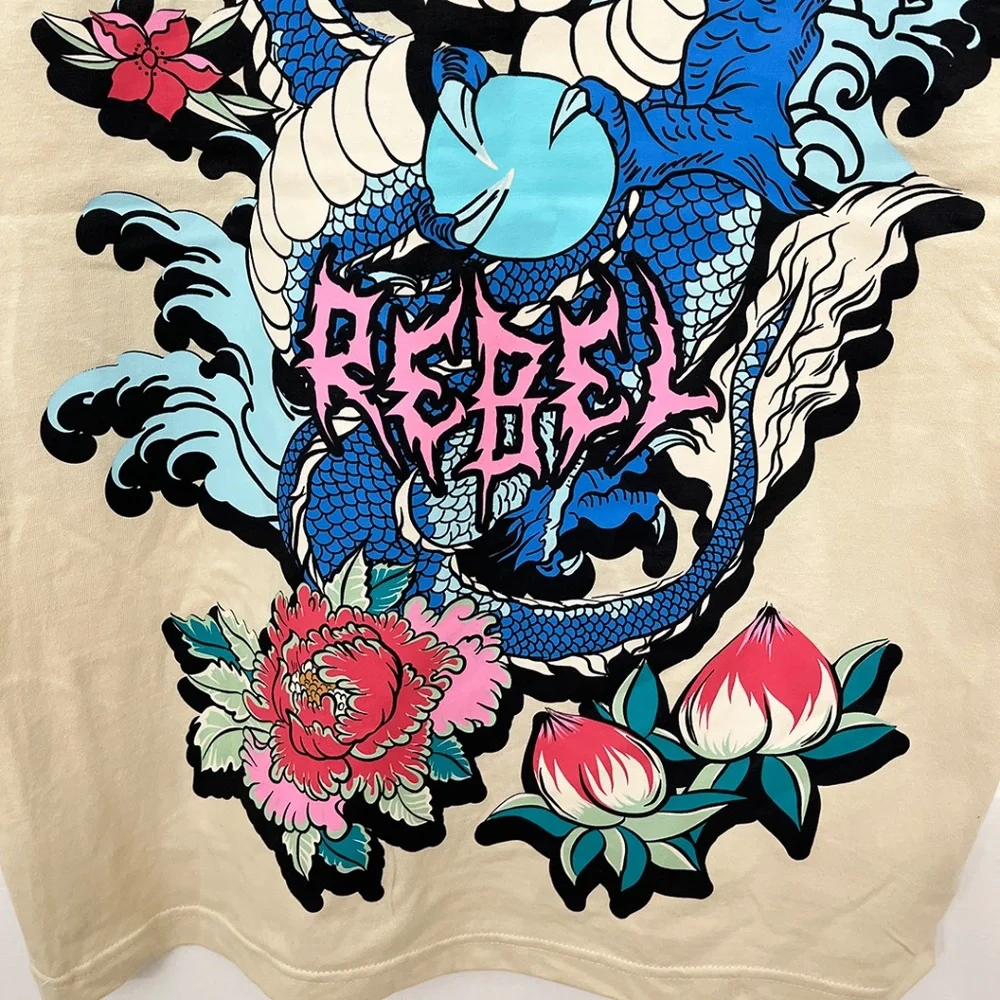 Rebel Vengeance Japanese Dragon Floral Graphic T-Shirt Men’s Large